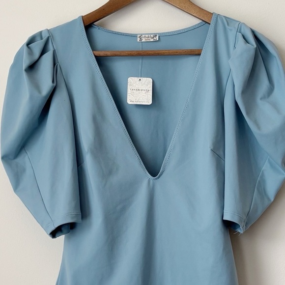 Free People Va Va Voop Bodysuit Medium Puff Sleeve Sky Blue NEW NWT - Picture 3 of 10